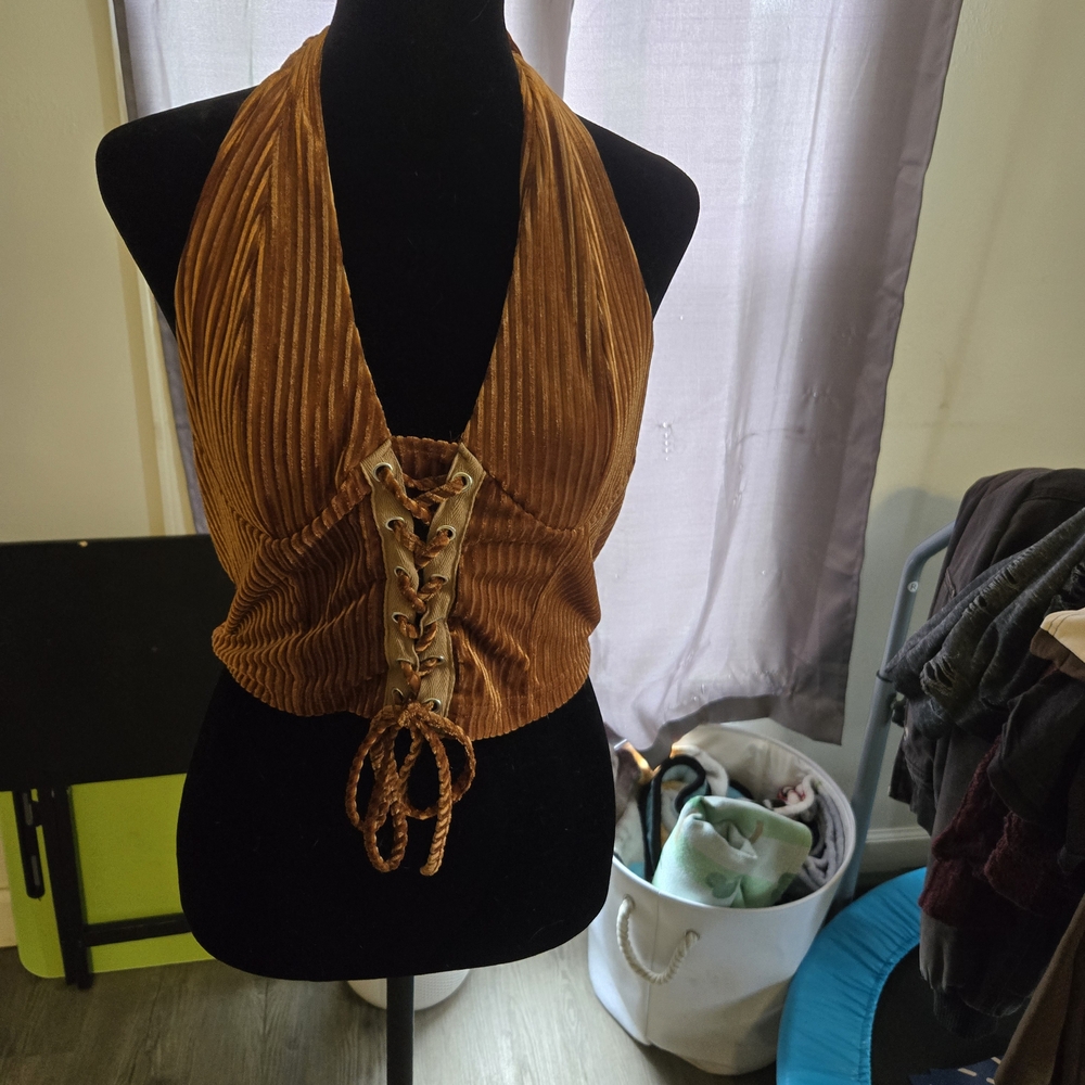 SHEIN Tan Ribbed Crop Tank Top with Tie Front